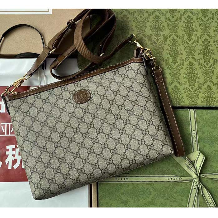 Gucci Unisex Messenger Bag Interlocking G Beige Ebony GG Supreme Canvas Brown Leather (11)
