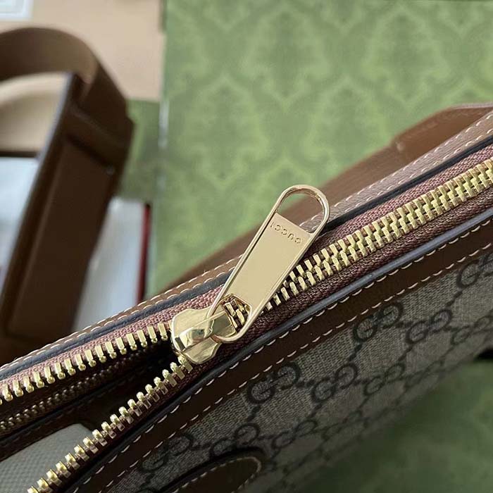 Gucci Unisex Messenger Bag Interlocking G Beige Ebony GG Supreme Canvas Brown Leather (12)