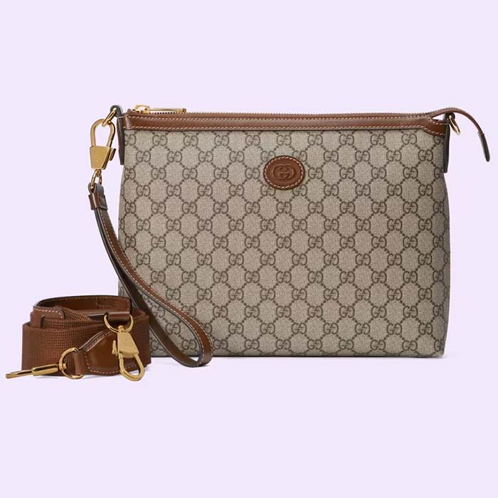 Gucci Unisex Messenger Bag Interlocking G Beige Ebony GG Supreme Canvas Brown Leather
