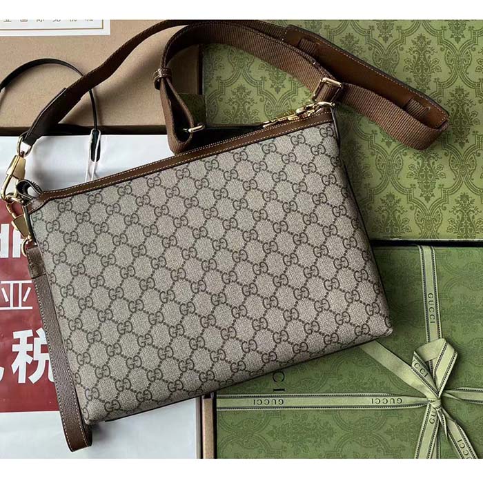 Gucci Unisex Messenger Bag Interlocking G Beige Ebony GG Supreme Canvas Brown Leather (4)