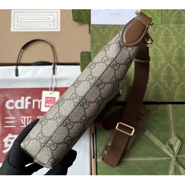 Gucci Unisex Messenger Bag Interlocking G Beige Ebony GG Supreme Canvas Brown Leather (5)