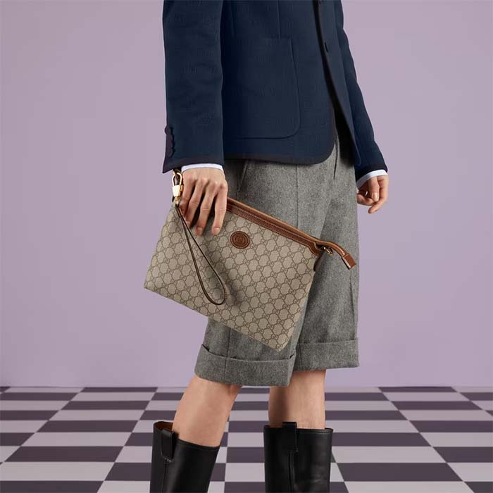 Gucci Unisex Messenger Bag Interlocking G Beige Ebony GG Supreme Canvas Brown Leather (9)