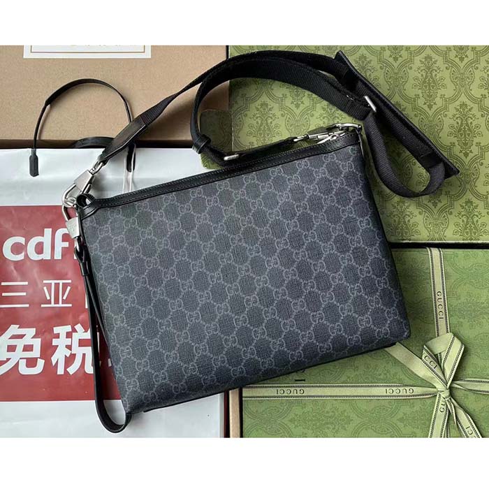 Gucci Unisex Messenger Bag Interlocking G Black GG Supreme Canvas Black Leather (2)