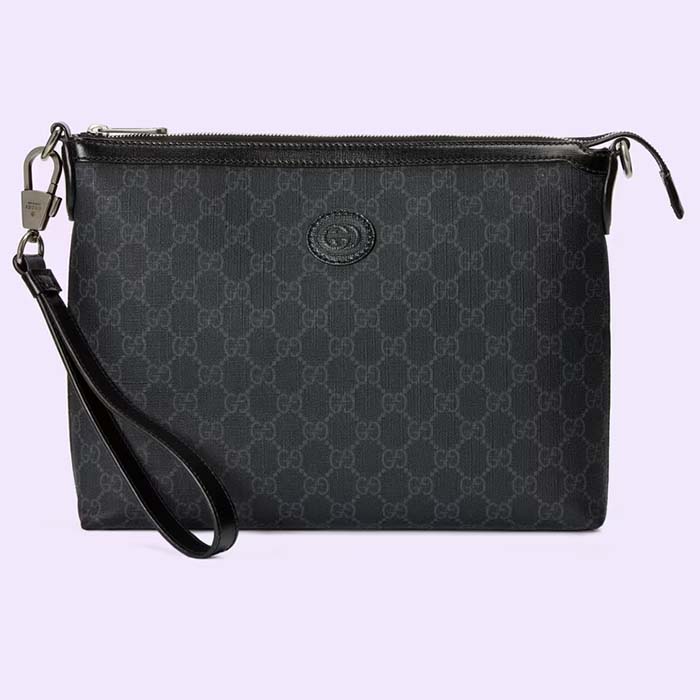 Gucci Unisex Messenger Bag Interlocking G Black GG Supreme Canvas Black Leather