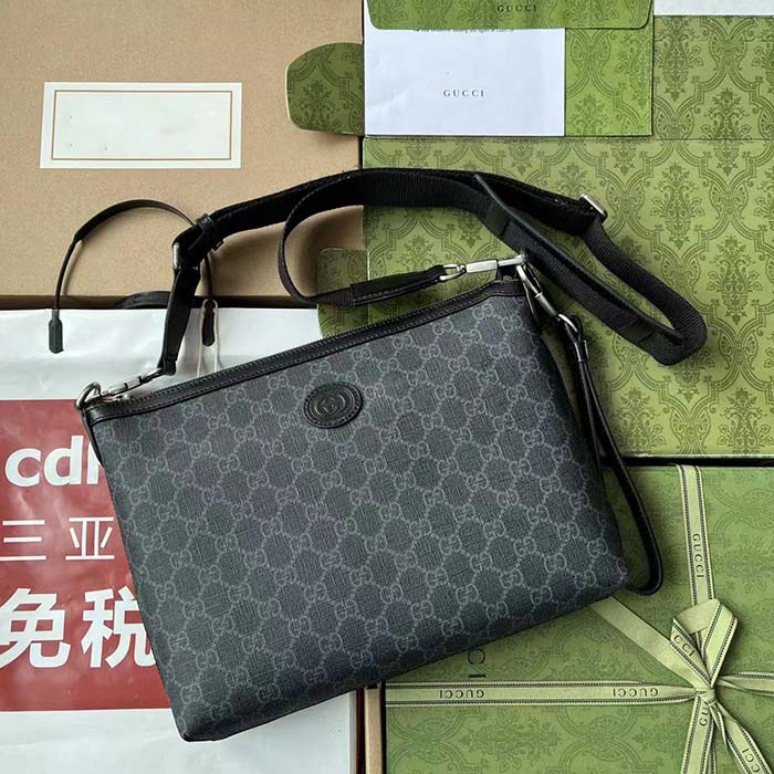 Gucci Unisex Messenger Bag Interlocking G Black GG Supreme Canvas Black Leather (9)