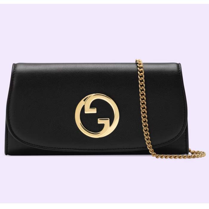 Gucci Women GG Blondie Continental Chain Wallet Black Leather Round Interlocking G