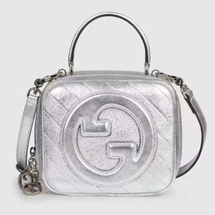 Gucci Women GG Blondie Top Handle Bag Metallic Silver Leather Round Interlocking G