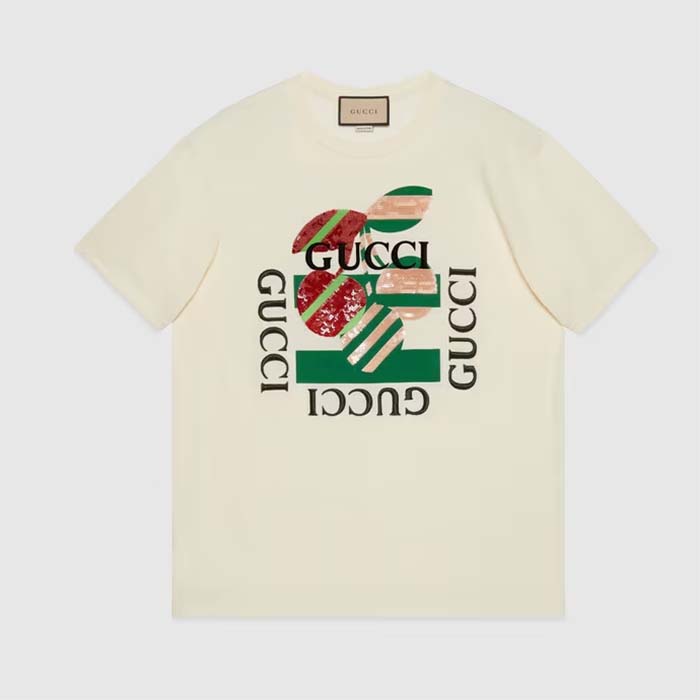 Gucci Women GG Cotton Jersey Printed T-Shirt Off White Cherry Sequin Embroidery