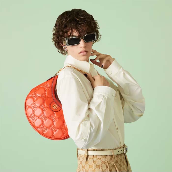 Gucci Women GG Matelassé Small Shoulder Bag Orange Double G Zip Closure (1)