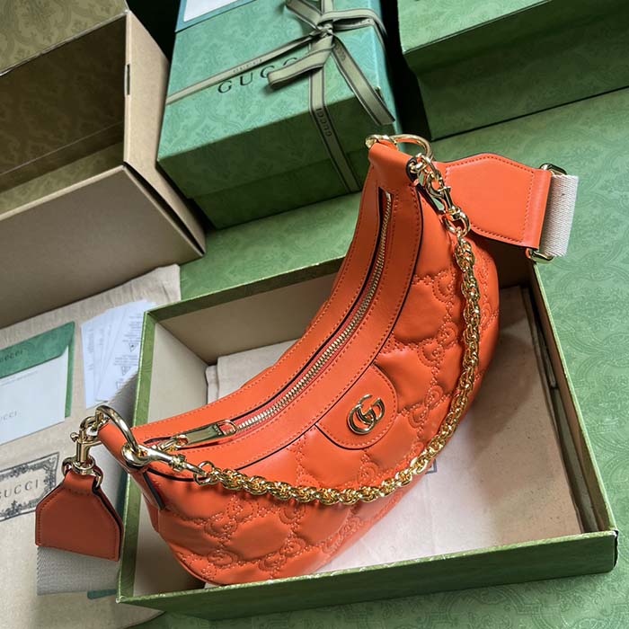 Gucci Women GG Matelassé Small Shoulder Bag Orange Double G Zip Closure (11)