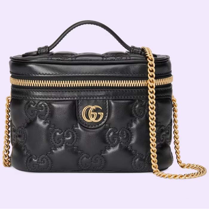 Gucci Women GG Matelassé Top Handle Mini Bag Black Leather Double G