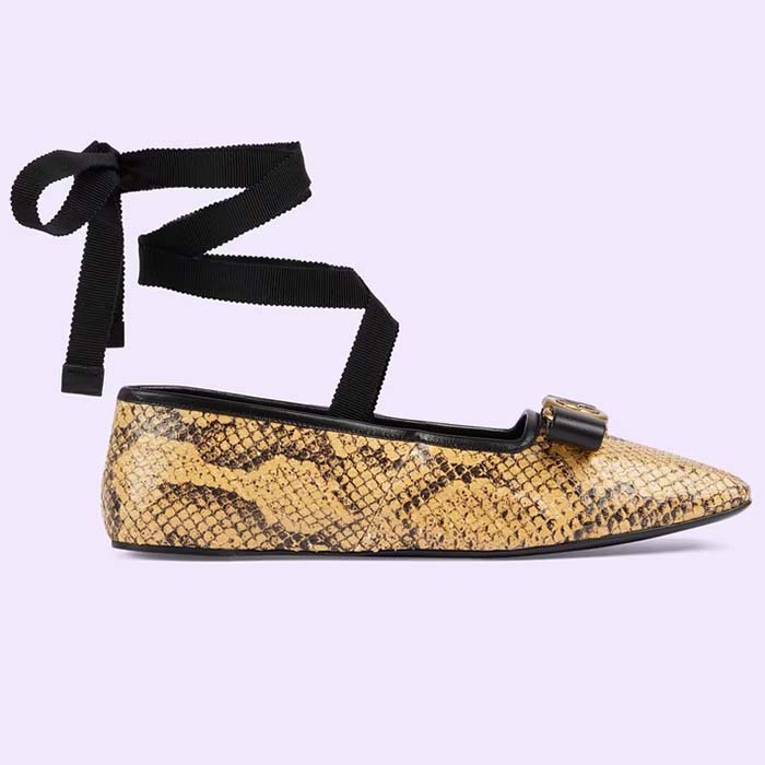 Gucci Women GG Python Ballet Flat Yellow Black Leather Interlocking G Black Leather Bow