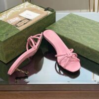 Gucci Women GG Slide Sandal Bamboo Pink Leather Bamboo Low Heel (10)