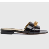 Gucci Women GG Slide Sandal Tiger Head Black Patent Leather Flat (11)