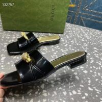 Gucci Women GG Slide Sandal Tiger Head Black Patent Leather Flat (11)