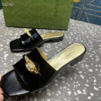 Gucci Women GG Slide Sandal Tiger Head Black Patent Leather Flat (11)