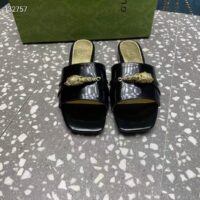 Gucci Women GG Slide Sandal Tiger Head Black Patent Leather Flat (11)