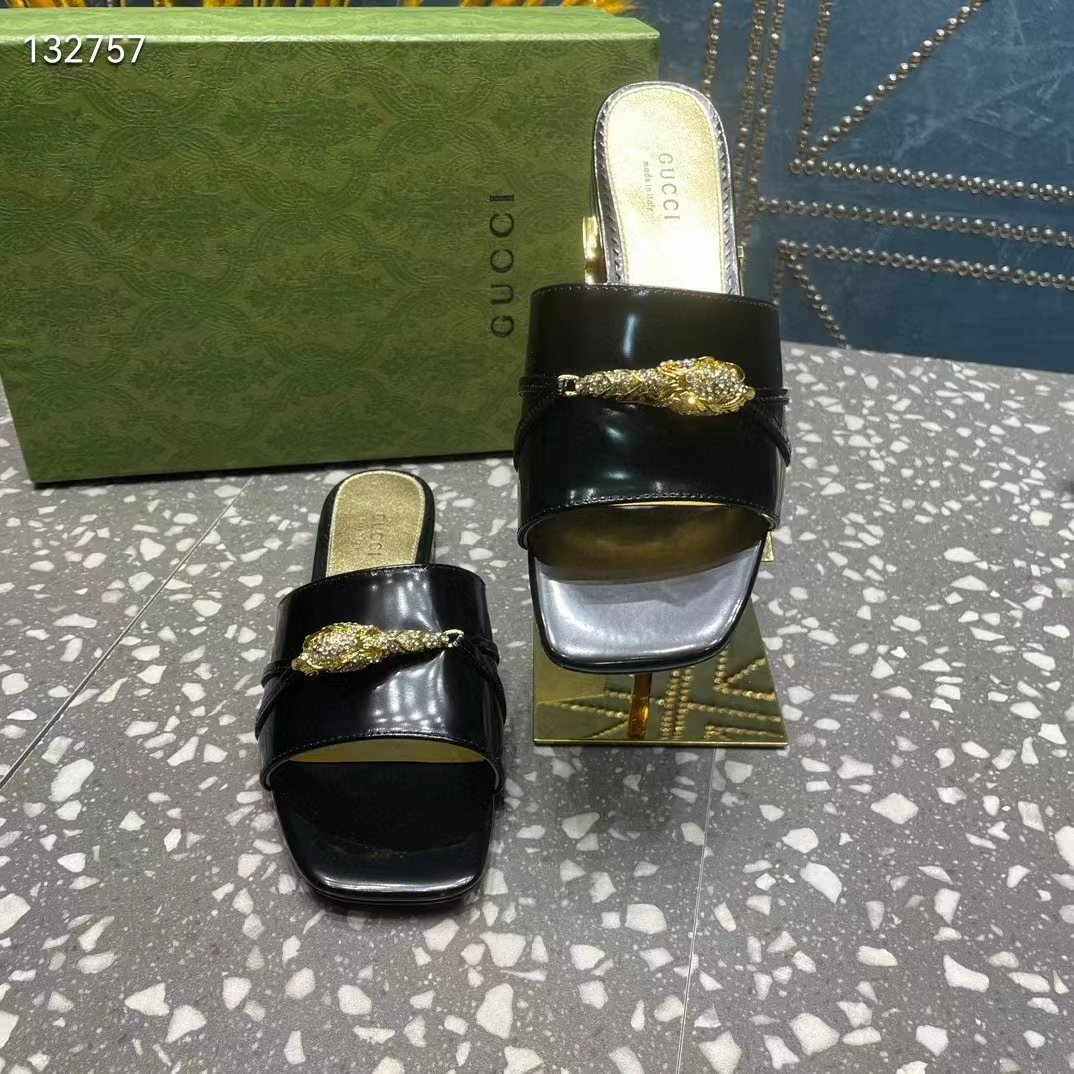 Gucci Women GG Slide Sandal Tiger Head Black Patent Leather Flat (8)