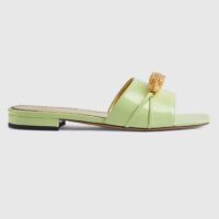 Gucci Women GG Slide Sandal Tiger Head Light Green Leather Flat (11)