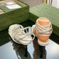 Gucci Women GG Strappy Sandal Bamboo White Leather Bamboo Low Heel (6)