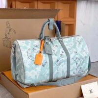 Louis Vuitton LV Unisex Keepall Bandoulière 50 Crystal Blue Monogram Aquagarden Coated Canvas