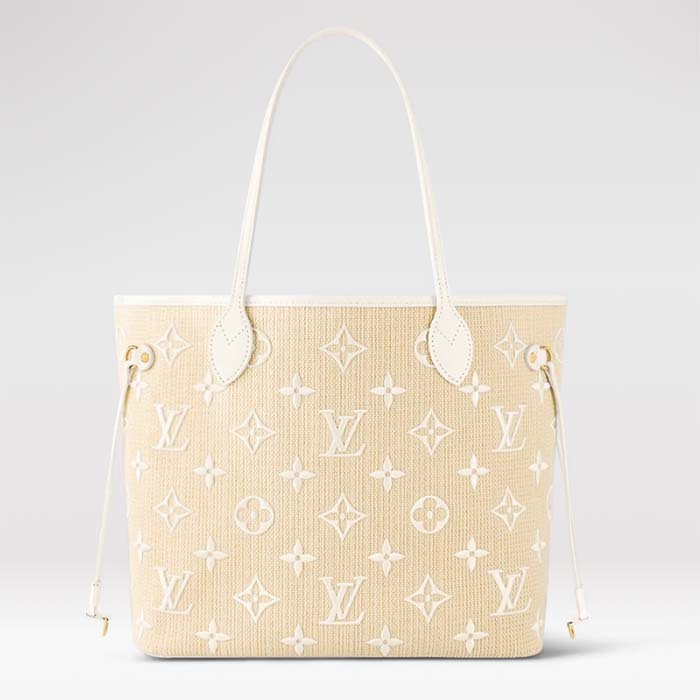 Louis Vuitton LV Unisex Neverfull MM Beige Lotus Cotton Cowhide Leather