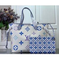 Louis Vuitton LV Unisex Neverfull MM Blue Monogram Coated Canvas Textile Lining (8)