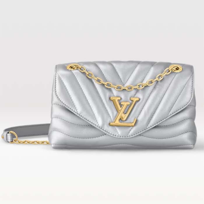 Louis Vuitton LV Women New Wave Chain Bag MM Metallic Gray Quilted Cowhide Leather