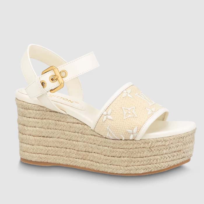 Louis Vuitton LV Women Starboard Wedge Sandal White Monogram-Embroidered Cotton