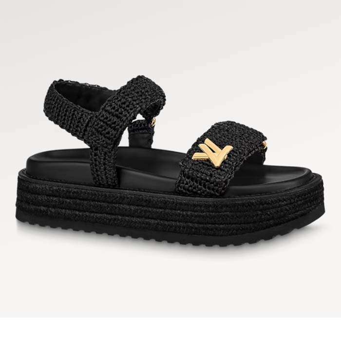 Louis Vuitton Women LV Cordoba Flat Comfort Sandal Black Raffia Rubber 4CM Heel