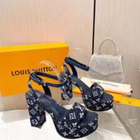 Louis Vuitton Women LV Fame Platform Sandal Navy Monogram Denim Leather 11.5 CM Heel (8)