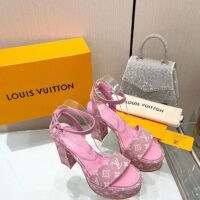 Louis Vuitton Women LV Fame Platform Sandal Pink Monogram Denim Leather 11.5 CM Heel (1)