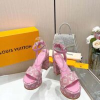 Louis Vuitton Women LV Fame Platform Sandal Pink Monogram Denim Leather 11.5 CM Heel (1)