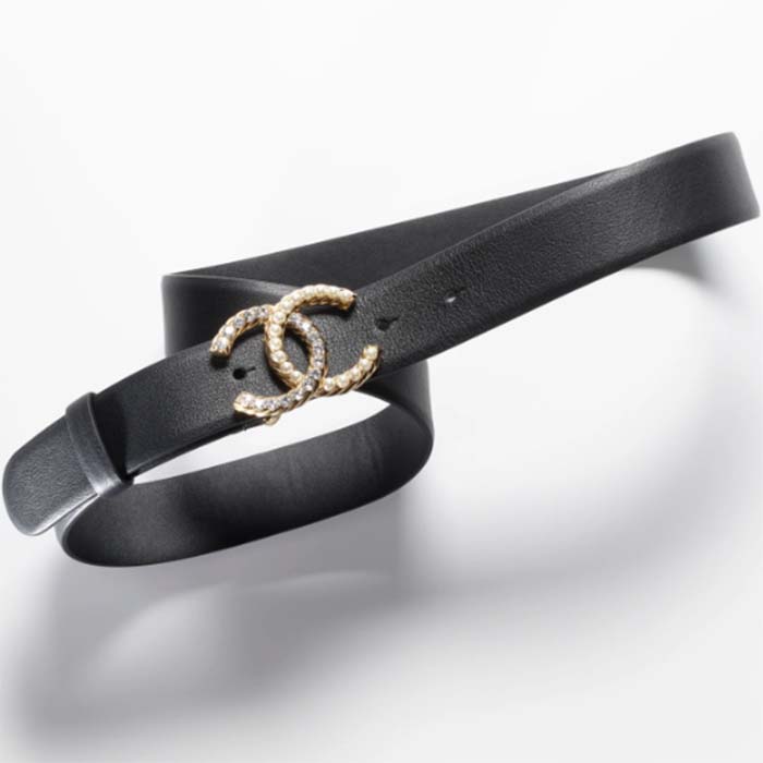 Chanel Women CC Belt Calfskin Gold-Tone Metal Resin Strass Black