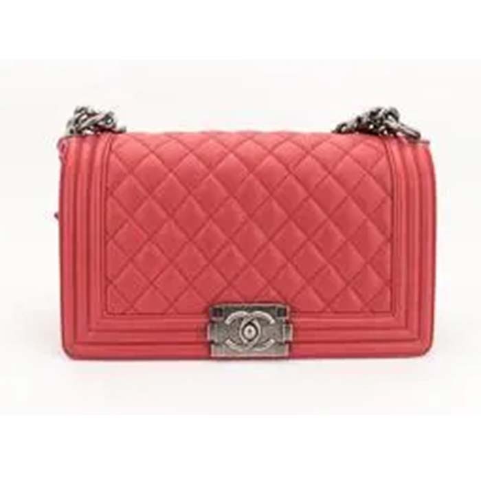 Chanel Women CC Leboy Flap Bag Chain in Calfskin Leather-Red