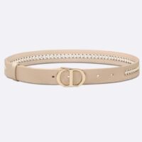 Dior CD Women 30 Montaigne Belt Aesthetic Beige Smooth Calfskin White Glass Pearls 25 MM Width