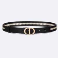 Dior CD Women 30 Montaigne Belt Aesthetic Black Smooth Calfskin White Glass Pearls 25 MM Width