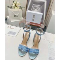 Dior Women CD Dway Heeled Sandal Blue Cotton Embroidered Metallic Thread Strass (9)