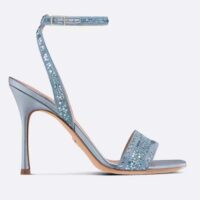 Dior Women CD Dway Heeled Sandal Blue Cotton Embroidered Metallic Thread Strass