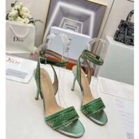 Dior Women CD Dway Heeled Sandal Green Cotton Embroidered Metallic Thread Strass (8)