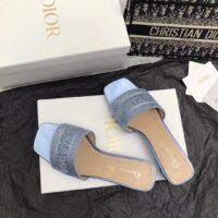 Dior Women CD Dway Heeled Slide Blue Cotton Embroidered Metallic Thread Strass (9)