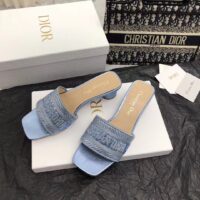 Dior Women CD Dway Heeled Slide Blue Cotton Embroidered Metallic Thread Strass (9)