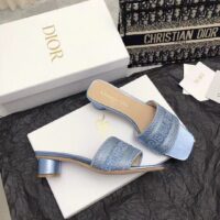 Dior Women CD Dway Heeled Slide Blue Cotton Embroidered Metallic Thread Strass (9)