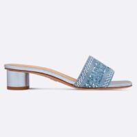 Dior Women CD Dway Heeled Slide Blue Cotton Embroidered Metallic Thread Strass (9)