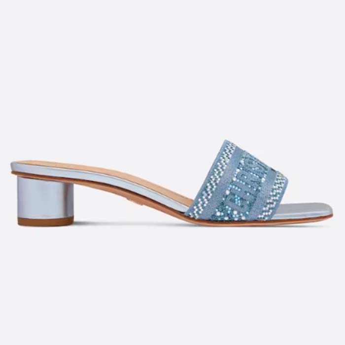 Dior Women CD Dway Heeled Slide Blue Cotton Embroidered Metallic Thread Strass