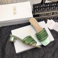 Dior Women CD Dway Heeled Slide Green Cotton Embroidered Metallic Thread Strass (7)