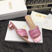 Dior Women CD Dway Heeled Slide Pink Cotton Embroidered Metallic Thread Strass (11)