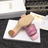 Dior Women CD Dway Heeled Slide Pink Cotton Embroidered Metallic Thread Strass (11)