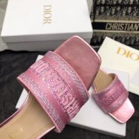 Dior Women CD Dway Heeled Slide Pink Cotton Embroidered Metallic Thread Strass (11)