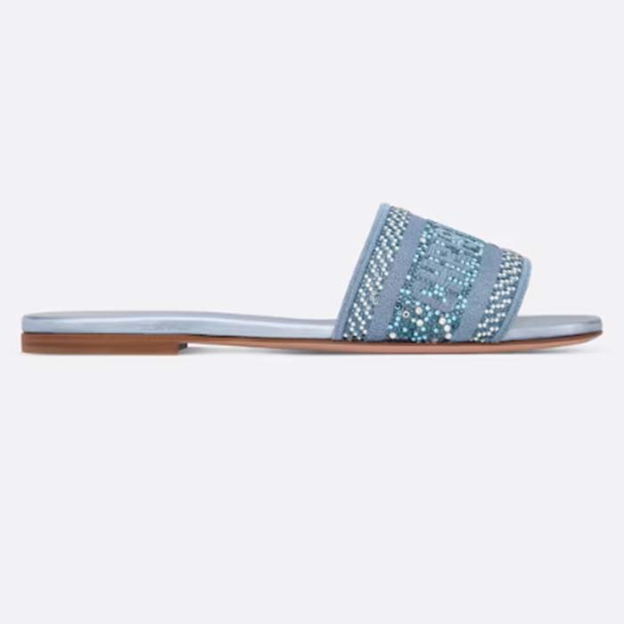 Dior Women CD Dway Slide Blue Cotton Embroidered Metallic Thread Strass